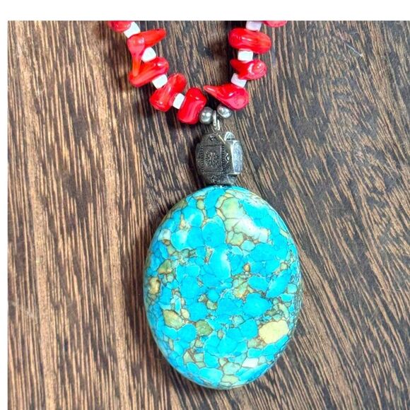 Handcrafted Red Coral Necklace Faux Turquoise Pendant Southwest & Silver Accents - Picture 2 of 7